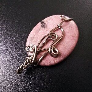 Blush Pale Pink - XLarge Rhodonite Pendant - Gunmetal Black Wire Wrapped Design